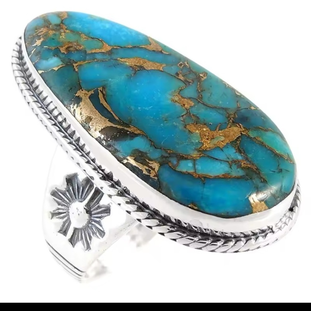 Faux Turquoise Silver Tone Statement Ring Women Large Chunky Big Teardrop Size 8